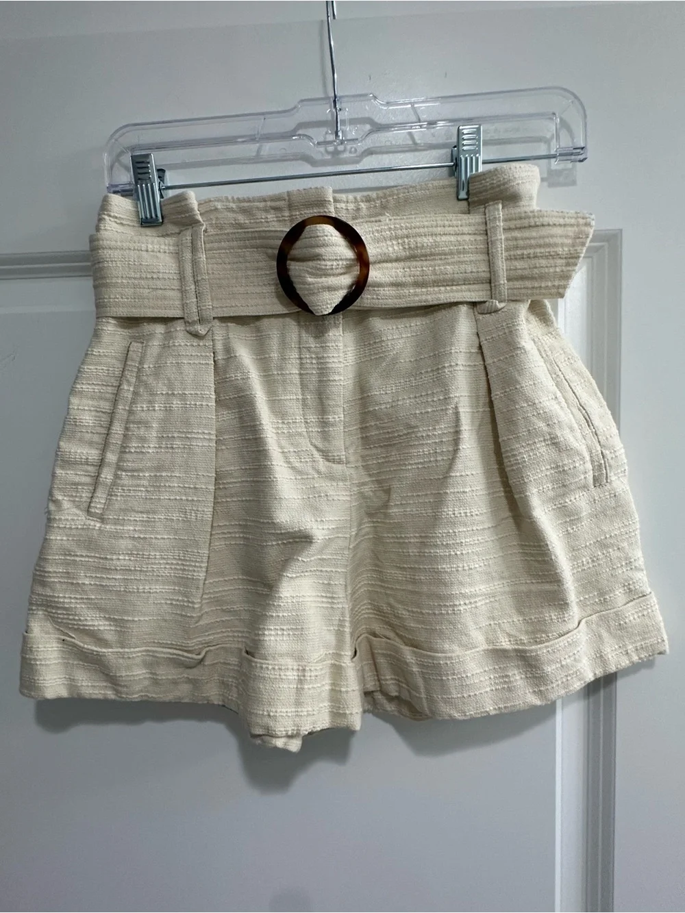 Sezane Cream High-Waist Belted Textured Shorts - Picture 1 of 4